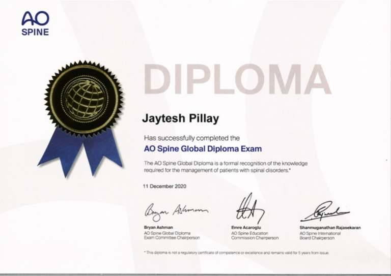 AO Spine Global Diploma awarded to Dr Jaytesh Pillay, recognising advanced knowledge and expertise in spinal disorders and spine surgery.